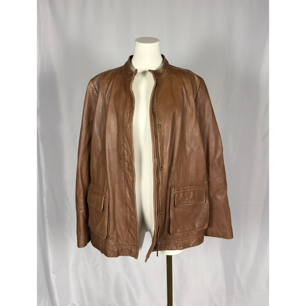 Anthropologie Isabella Bird Leather Utility Jacket Large Brown Zip Snap Pockets